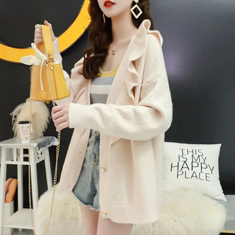 Autumn New Ruffles Decoration Solid Color Sweater Fashion Sweet V-neck Long-sleeved Women Knit Cardigan New