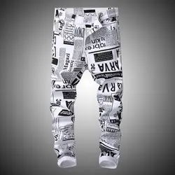 Новые хип-хоп белые джинсовые брюки с принтом, мужские облегающие Стрейчевые брюки с газетным принтом, мужские повседневные брюки с