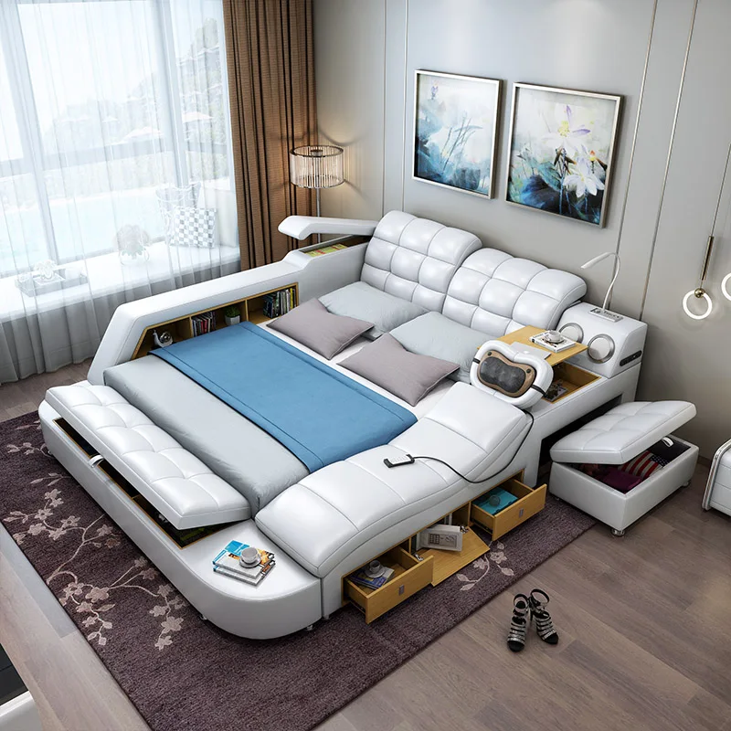 MANBAS Genuine Leather Multifunctional Massage Bed Frame Tech Smart Camas Ultimate Tatami Beds Upholstered Lit with Speaker,USB