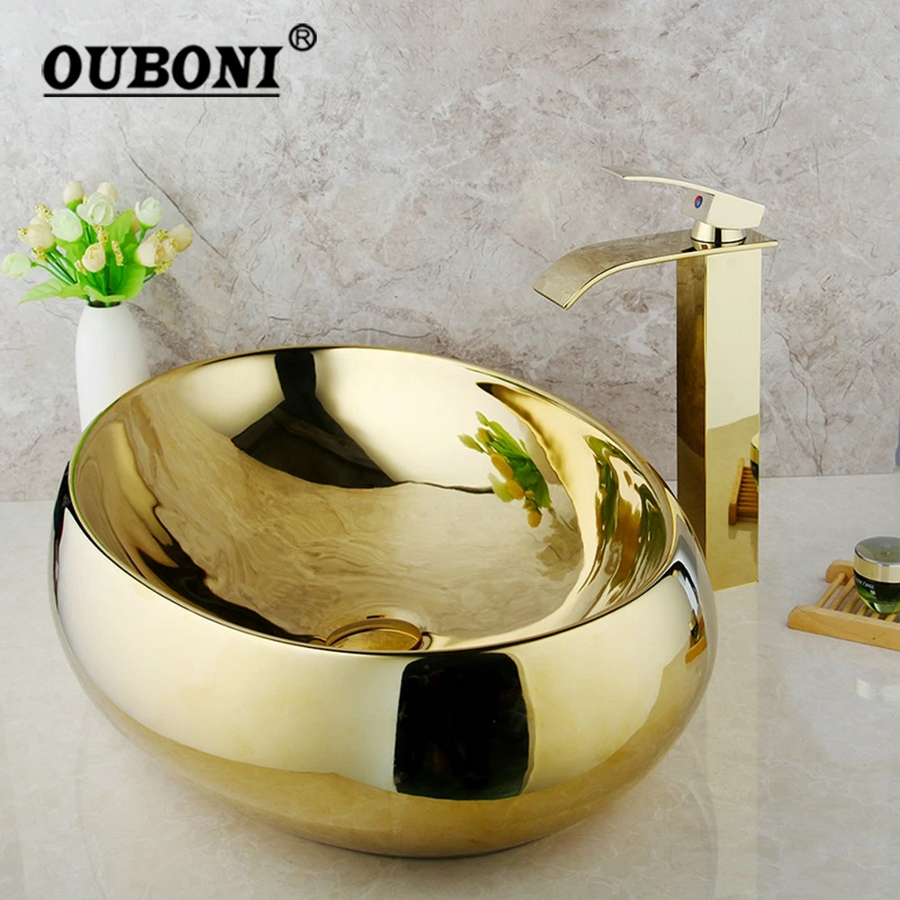 Ouboni Golden Bathroom Ceramic Basin Sink Golden Plated Solid Brass Faucet Tap Set Bowl Vessel Washbasin Sink W Pop Drain Bathroom Sinks Aliexpress