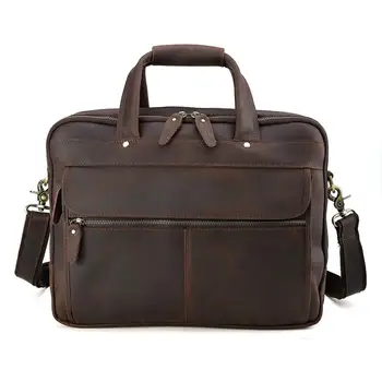 

Tiding Crazy horse leather men's business briefcase 16 inch computer bag top layer cowhide multi-layer handbag dark brown 1305