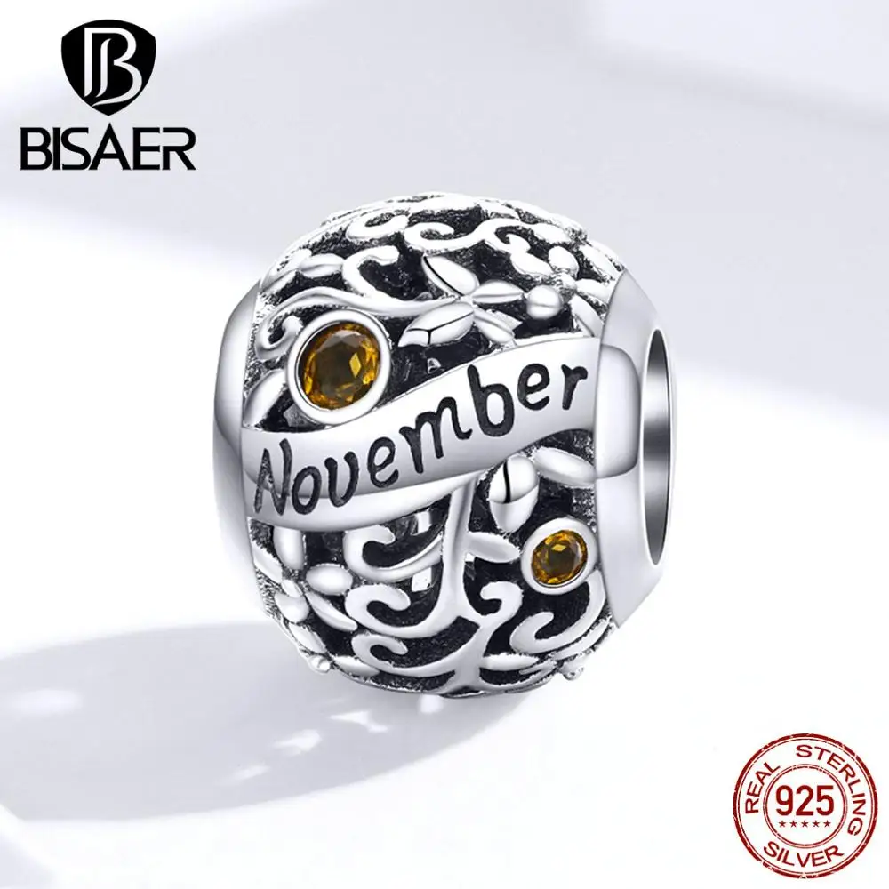 Бусины из камня, соответствующего месяцу рождения BISAER Горячая 925 пробы серебряный камень на день рождения бусины камень талисманы подходят браслеты DIY Ювелирные изделия ECC1385