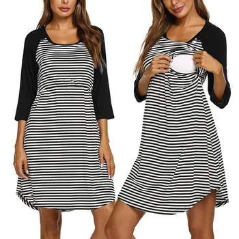 

Women's Maternity 3/4 Sleeve Striped Nursing Breastfeeding Dress Sleepwear Dress