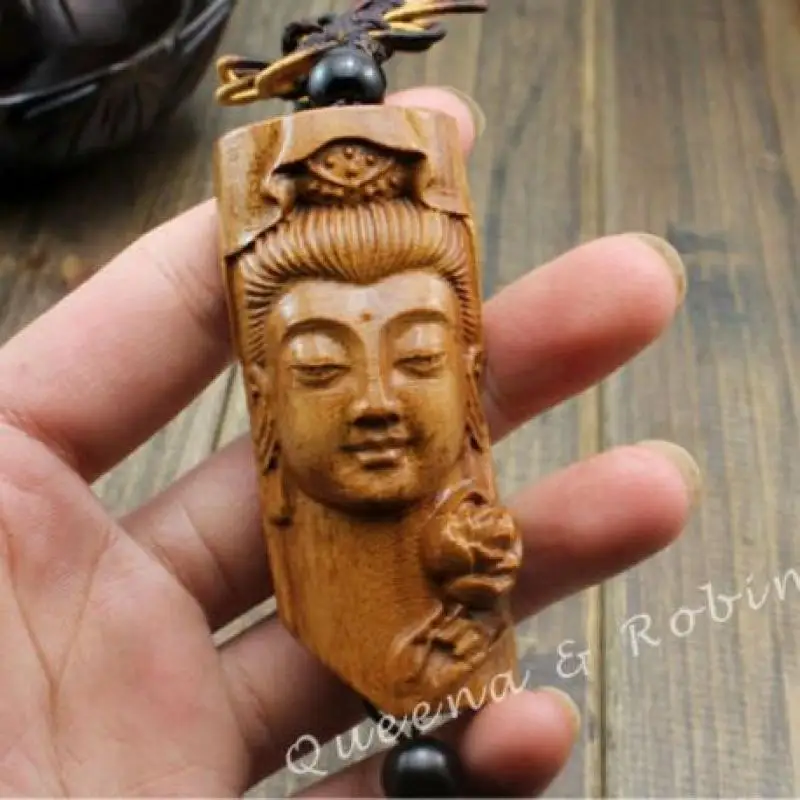 Китайская резьба по дереву Guan Kwan Yin голова Будды статуя автомобиля подвеска