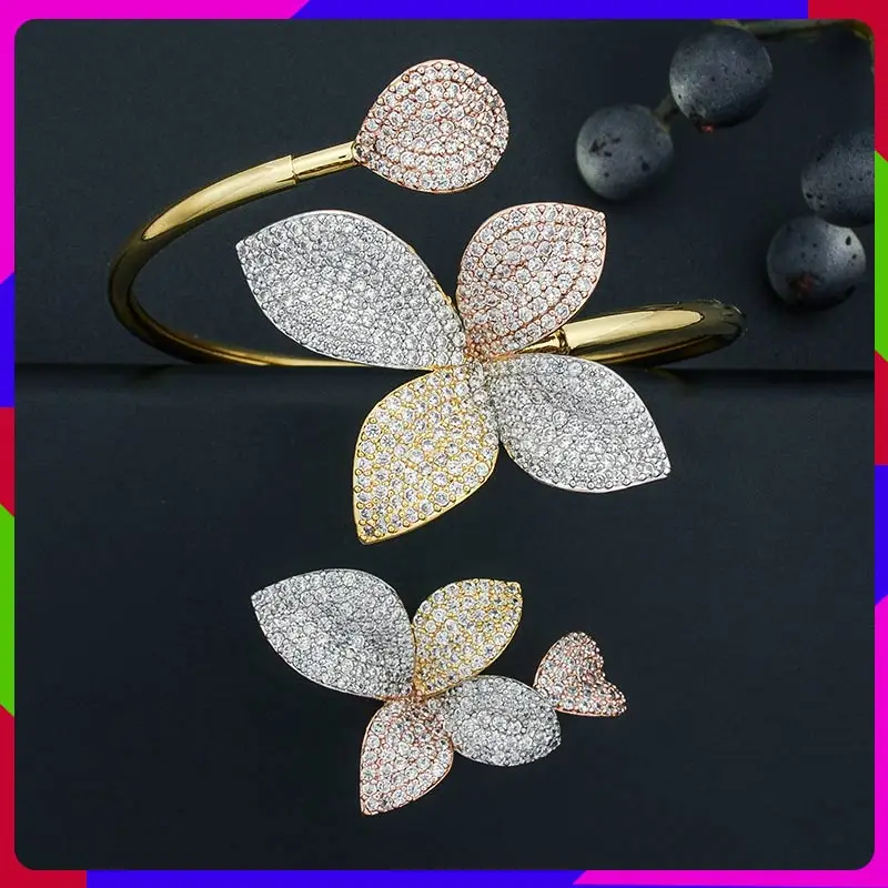 

ModemAngel Luxury Flower Leaf AAA Cubic Zirconia Women Engagement Party Gift Bracelets Bangle And Ring Set