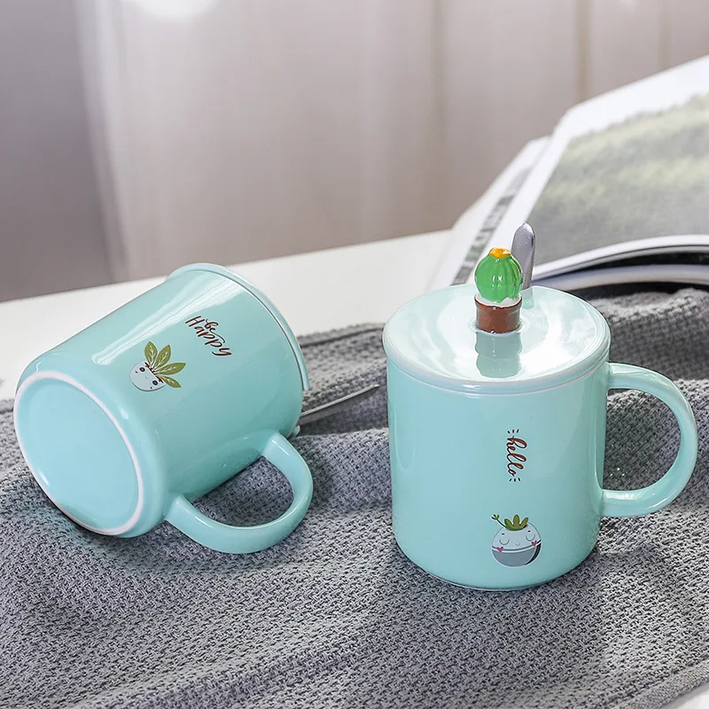 Korean Cartoon Green Cactus Ceramic Cup with Lid Spoon Creative Cute Juice Milk Cups Household Tea Coffee Mug for Student Lovers | Дом и сад