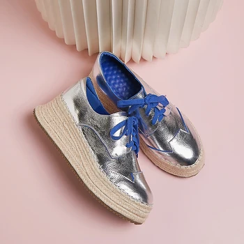 

Women's genuine leather platform flats lace-up sneakers leisure soft comfortable espadrilles high quality hemp casual shoes sale
