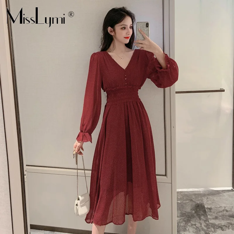 Red M-4XL размера плюс Для женщин элегантное шифоновое платье Весна сексуальное платье с v-образным вырезом и длинным рукавом высокое штаны с эластичной резинкой на талии; в горошек; платья средней длины - Цвет: Red