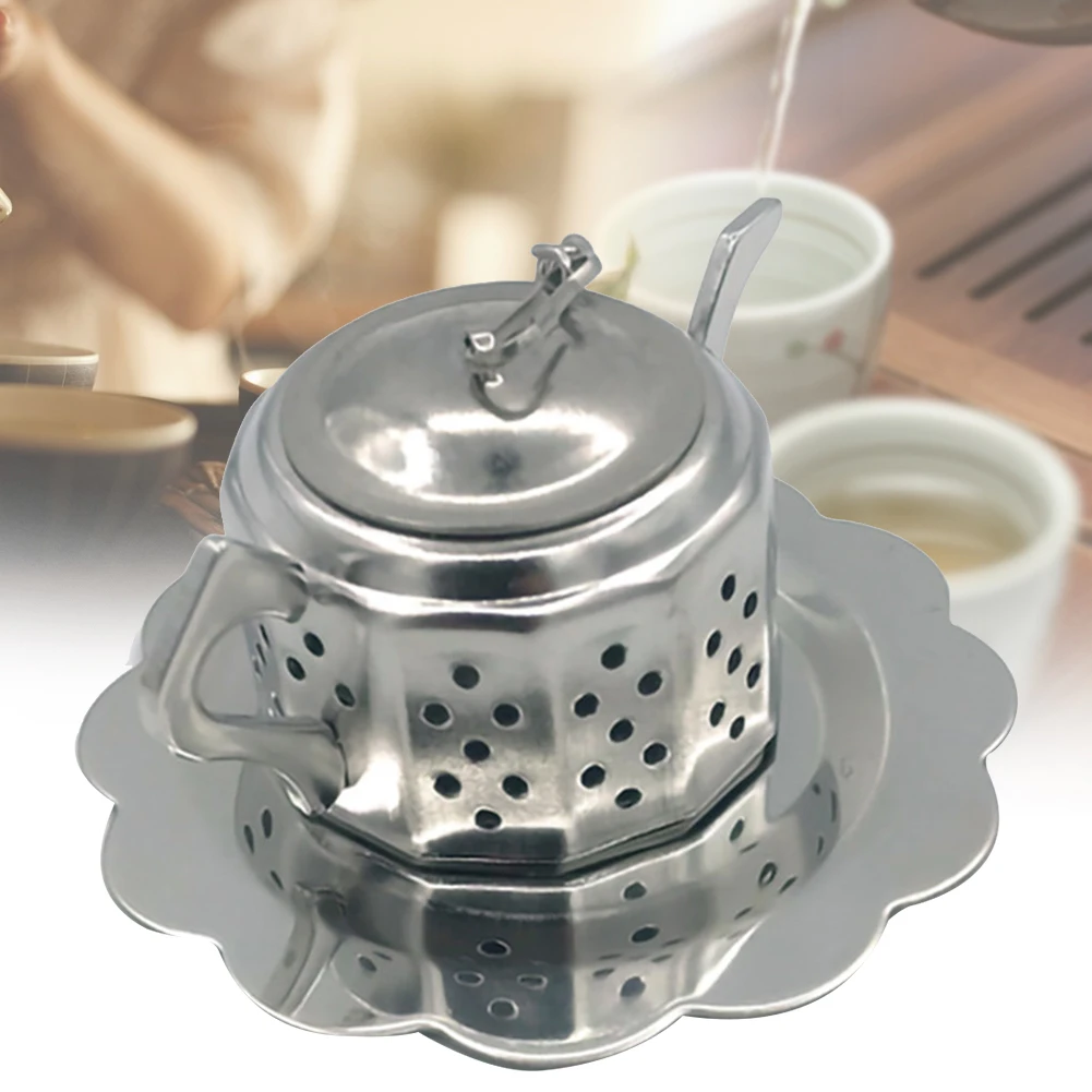 Tea Strainer Loose Drinkware Stainless Steel With Drip Tray Home Teapot Shape Polygon Filter Kitchen Durable Reusable Container | Дом и сад