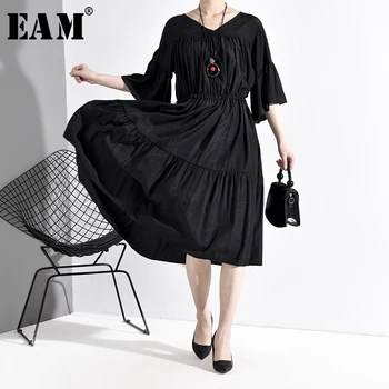 

[EAM] Women Black Pleated Big Size Dress New V-Neck Three-quarter Sleeve Loose Fit Fashion Tide Spring Autumn 2020 JU67401