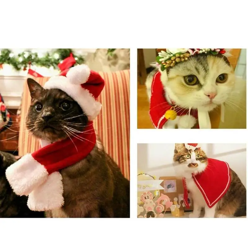 Милая Одежда для питомцев, кошек, Санты, Красная шапка, шарф, плащ, обруч на голову, костюмы, Рождественский косплей, набор, котенок, щенок, теплая одежда, аксессуары