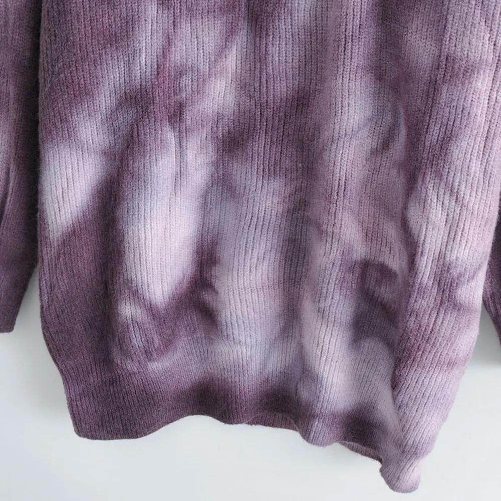 cropped cardigan KPYTOMOA Women Fashion Tie-dye Print Loose Knit Sweater Vintage O Neck Long Sleeve Female Pullovers Chic Tops brown sweater
