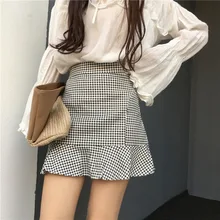 Новая Женская Корейская юбка с оборками Русалка модная клетчатая юбка с высокой талией летняя тонкая короткая юбка