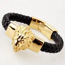 8,6"* 15 мм 69 г Топ Дизайн 316L нержавеющая сталь Золотой Лев Байкер ювелирные изделия из натуральной кожи мужской браслет для мальчиков браслет