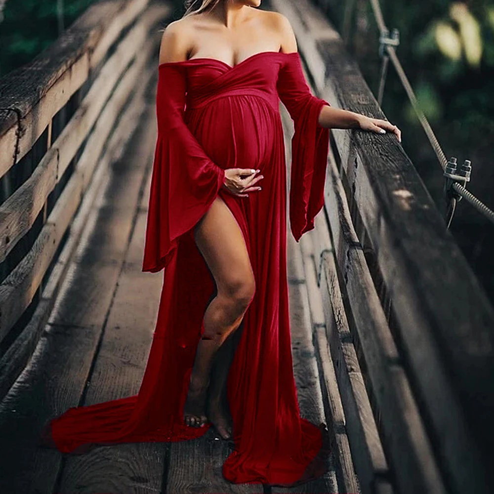 Платья для беременных элегантное женское длинное платье для беременных Vintafe с рукавом-колокольчиком Vestidos осеннее Двухслойное открытое ТРАПЕЦИЕВИДНОЕ Макси платье D30 - Цвет: Бордовый
