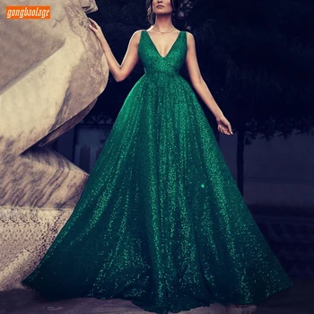 

Sexy Green Evening Gowns 2020 Sparkly Sequined Custom Made V Neck Evening Dresses Party Boho Reflective Formal Long Dress Women