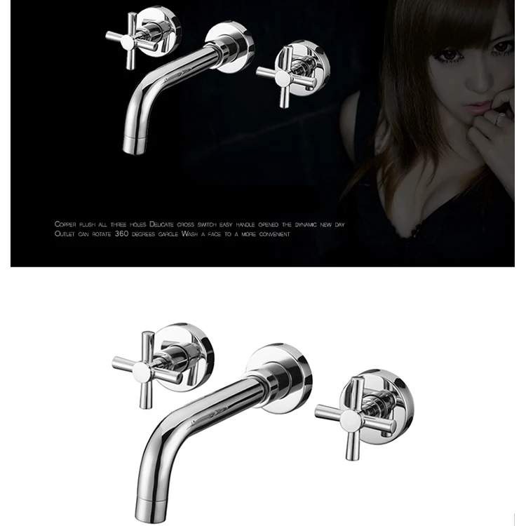 

Kitchen Faucet Handle Wall Three Hole Hot and Cold Wash Basin Faucet Mixer Tap Set Bathroom Spout Faucet With Double Lever