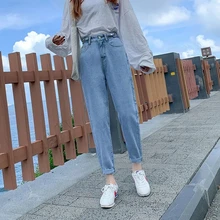 

Slim Denim Pencil Pants Trousers High Waist Women Jeans Adjusted Button 2021 New Harem Pants Straight Loose Autumn