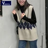 Vangull Argyle British style Sweater Vest Women Vintage V-Neck Pullover Sleeveless Preppy Loose Vest 2022 Spring Autumn Tops ► Photo 1/6