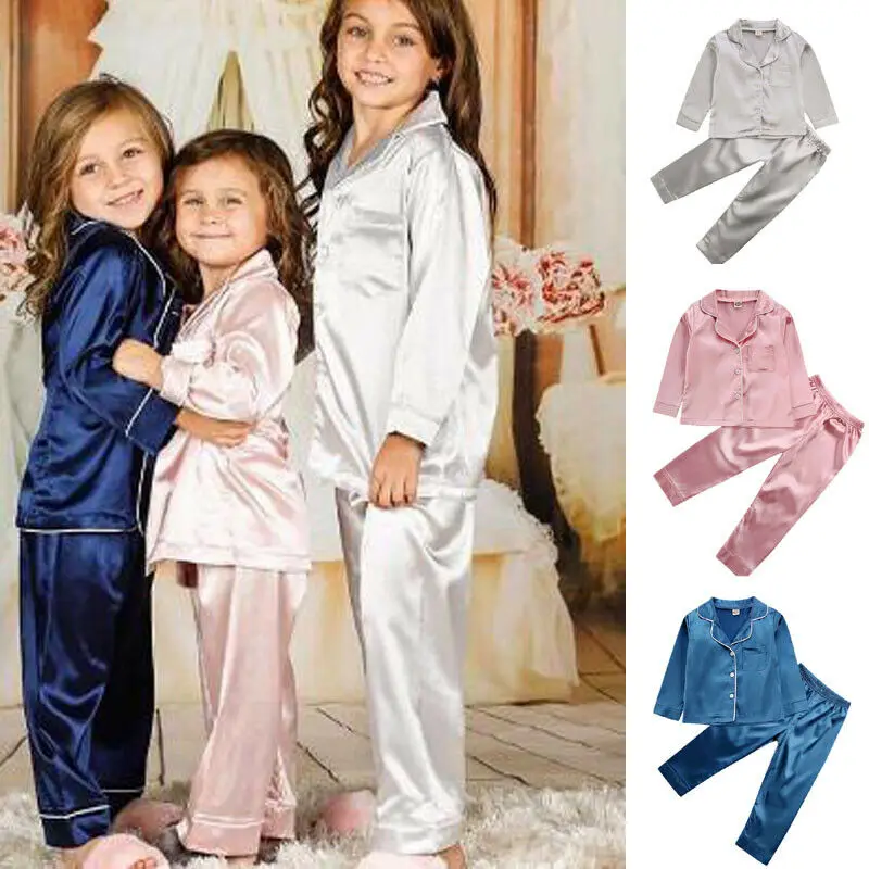 

Pudcoco US Stock 1-7 Years Toddler Baby Boy Girl Silk Satin Top Pant Pajamas Solid Button-Down Set Child Sleepwear Nightgown