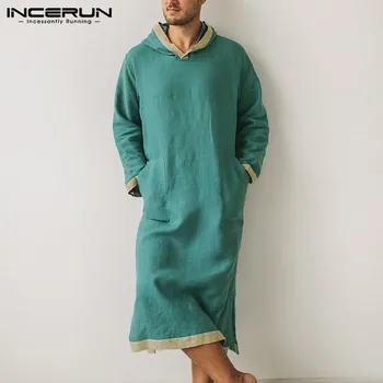 

INCERUN Mens Hoodies Comfy Pajamas Fashion Long Sleeve Patchwork Sleep Robes Men Solid Pockets Homewear Leisure Cotton Bathrobes