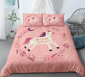 

Cartoon Unicorn Wreath Bedding Set Bedroom Decor Doona Pink Background Kids Gift Hypoallergenic 1PC Duvet Cover with Pillowcase
