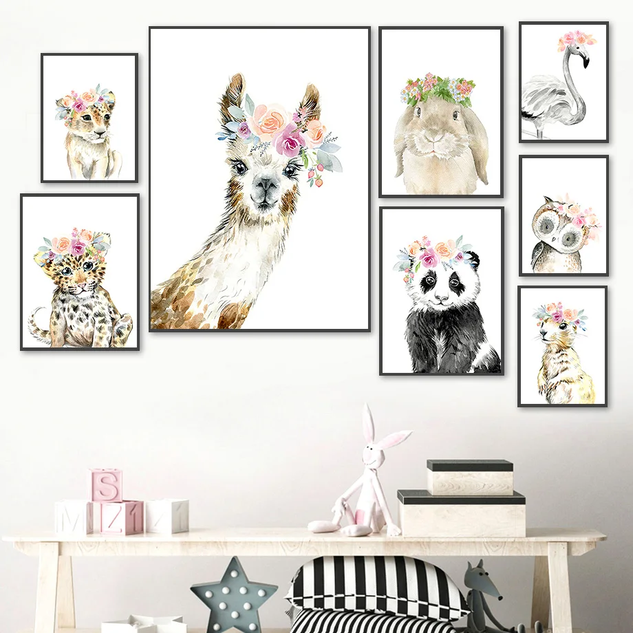 Llama Panda Alpaca Leopard Lion Cartoon Wall Art Холст Живопись скандинавские плакаты и принты