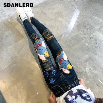 

Autumn Jeans Women New Female Embroidery Cartoon Elephant Slim Pencil Pants Girl Student Denim Jeans Plus Size Feminino Damskie