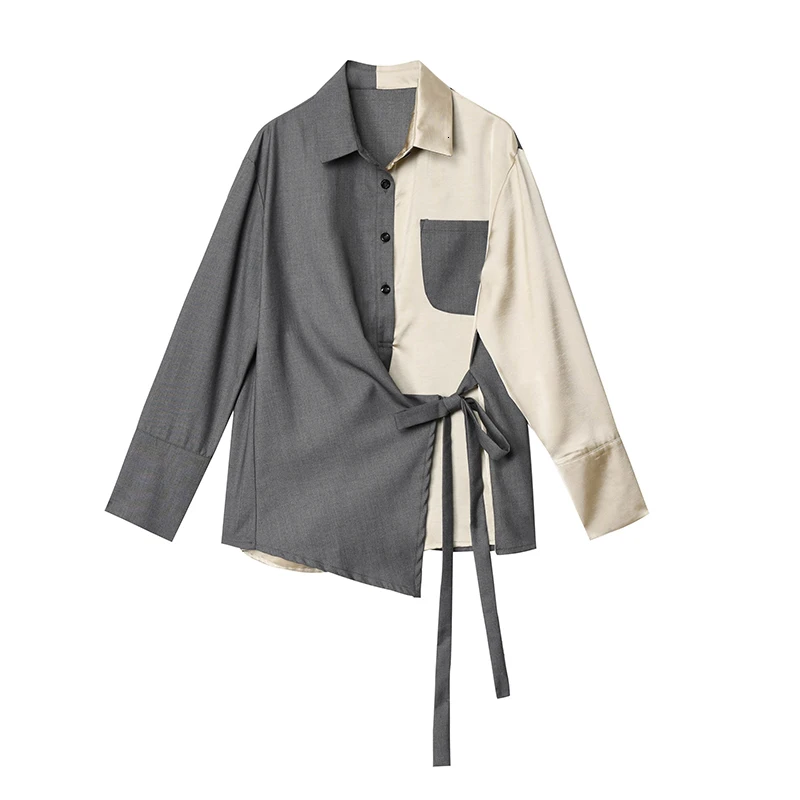 [EAM] Женская серая облегающая блузка с разрезом, новая свободная рубашка с отворотом и длинным рукавом, модная весенняя Осенняя 1H453 - Цвет: gray