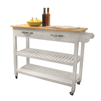 

Kitchen Island Cart, Rolling Trolley Cart Utility Cabinet, with Rubber Wood Top, Easy -Clean with Towel Rack, Drawer, Lockable W