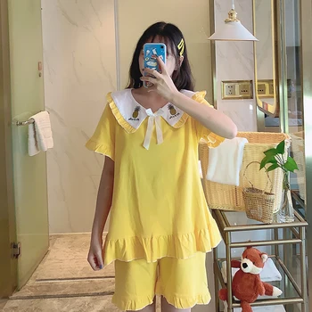 

Cotton Women Summer Pajamas Set Casual Pineapple Print Loose Sleepwear Short Sleeve Shorts Leisure Wear Sweet Pijamas S248