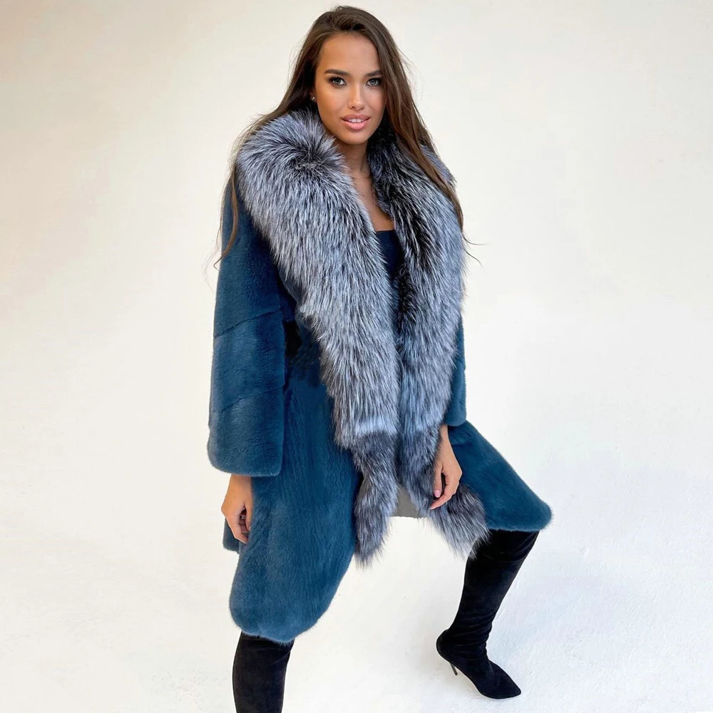 Fashion Red Genuine Mink Fur Coats Long 2021new Winter Women Natural Mink Fur Coat with Silver Fox Fur Collar Trendy Fur Outwear