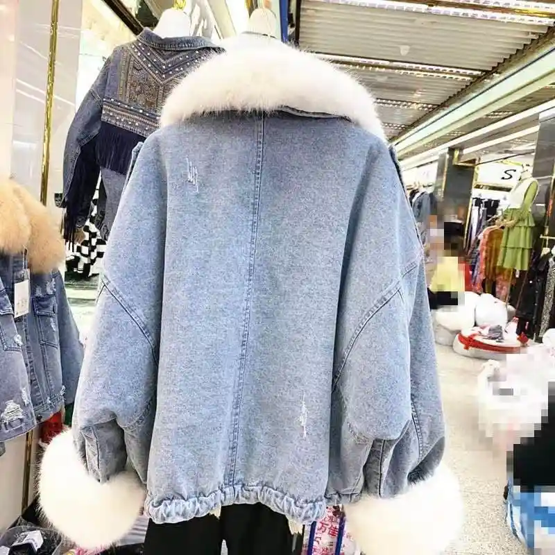 NiceMix джинсовая куртка с воротником из искусственного лисьего меха, зимнее женское Свободное пальто, короткое меховое пальто, джинсовый съемный мех кролика, толстая подкладка