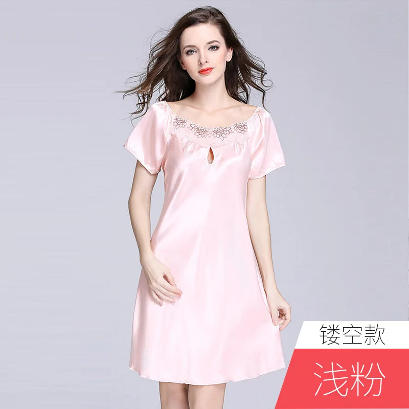 Light pink Взрывная Женская Летняя шелковая кружевная сексуальная ночная рубашка с короткими рукавами - Цвет: Light pink