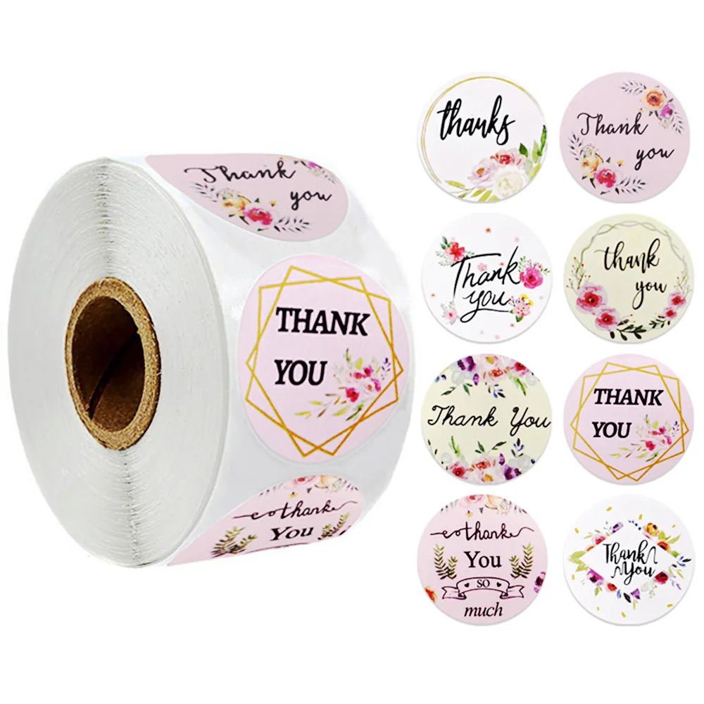 

500pcs/roll thank you stickers seal labels 8 styles pink flower sticker for envelope gift decoration stationery cute sticker