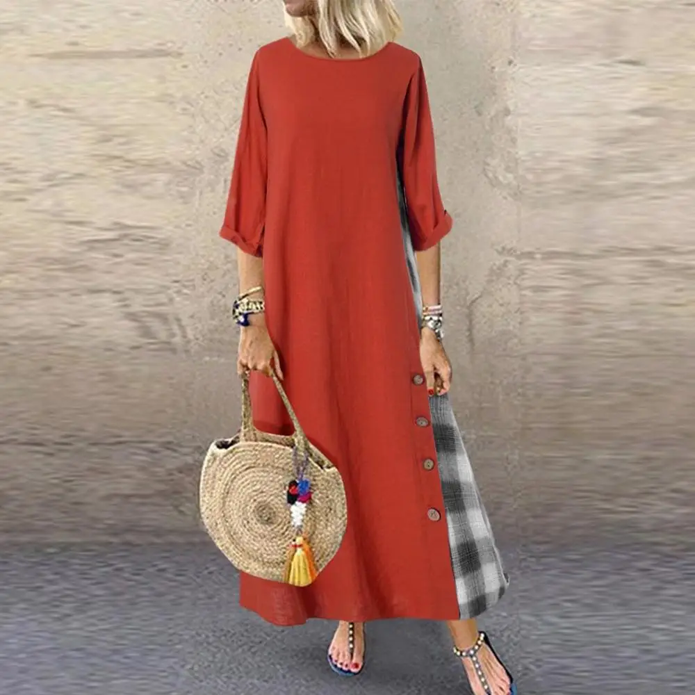 

Women Dress Plus Size Casual Patchwork 3/4 Sleeves O-Neck Button High Low Hem Ladies Loose Maxi Dress Robe Femme #2S05