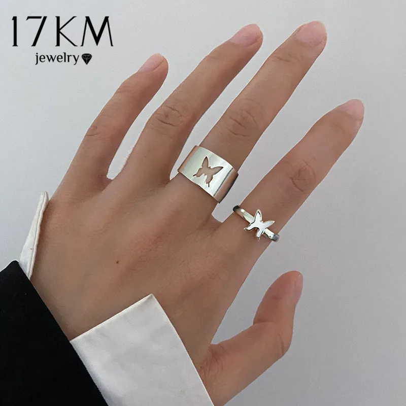 17KM-anillo de oro Punk con mariposa de plata para parejas, anillos de animales hueca para hombre y mujer, regalos de aniversario, joyería