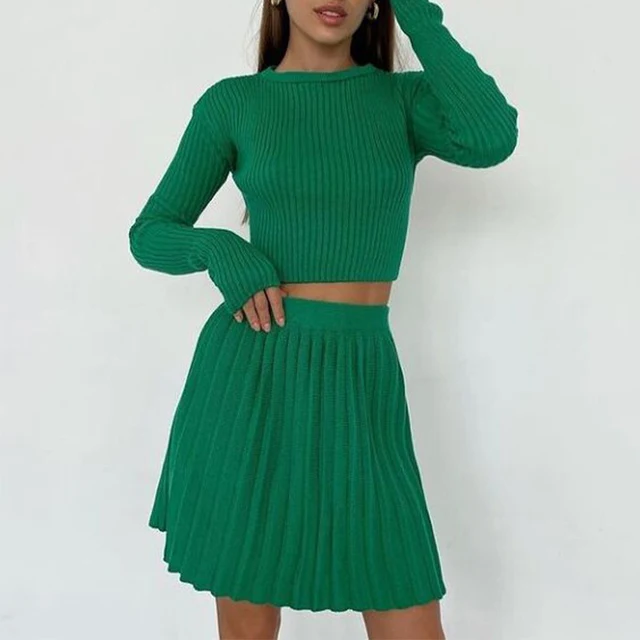 Knitted Suit With Skirt Women Solid 2021 Autumn Mini Pleated Skirt And Long Sleeve Slim Crop Pullover Lady 2 Pieces Sets Fashion 2