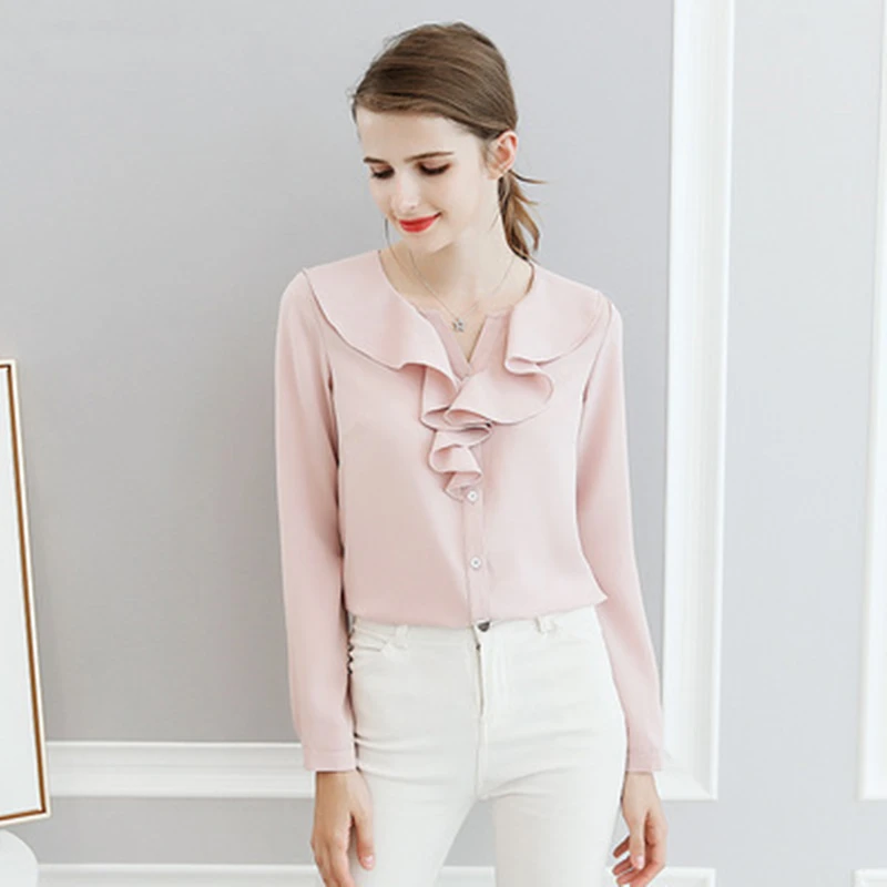 

2020 New Spring Women High Quatily Chiffon Blouse Ladies Loose Commute Autumn Shirts Female Leisure Solid Fashion Tops LT177