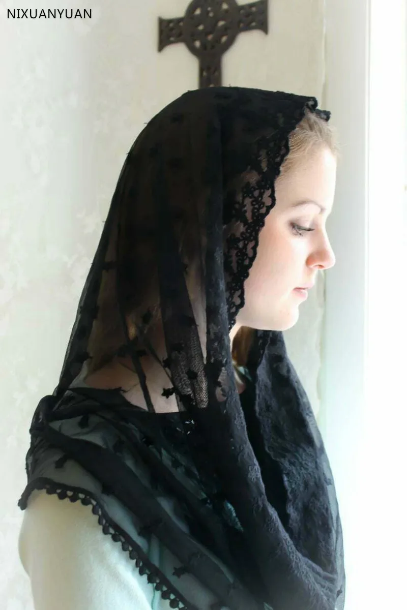 Ivory Black Catholic Veil Jerusalem Muslim Ladies Lace Shawl Scarf Mantillas Church Catholic Bridal Wedding Cape lace veil