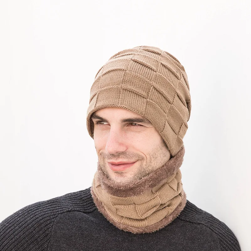 

Winter Hat Set for Men Male Velvet Knitted Outdoor Hat Scarf Gloves Three-piece Set Beanie Hat for Men Women Ski Hat&Scarf Set