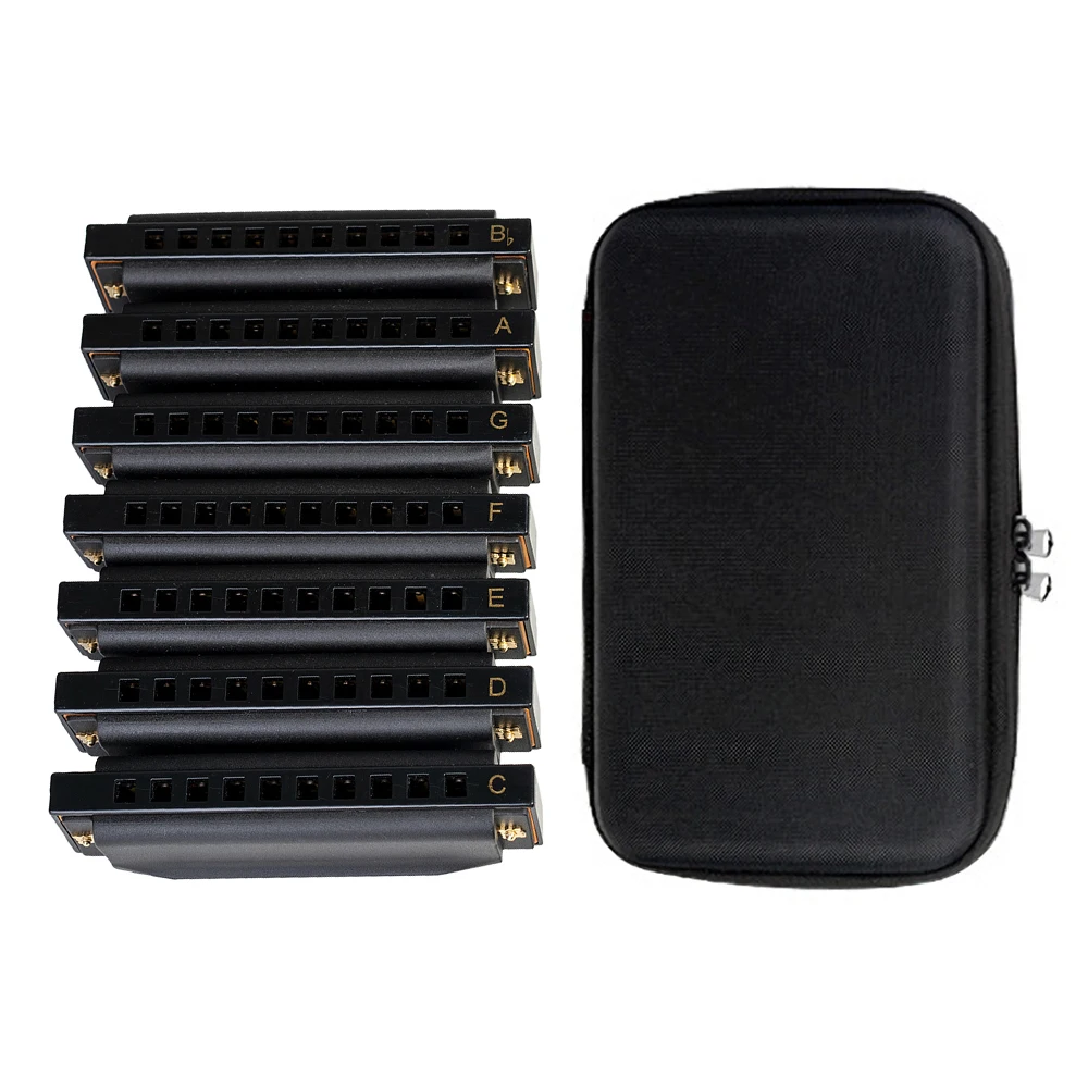 

Piedmont Blues Harmonica Harp Set of 7 (G, A, Bb, C, D, E, F Keys) 10 Holes with Zippered Carrying Case