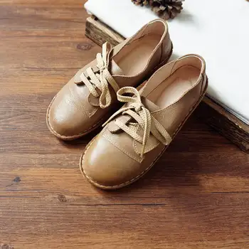 

hand-made artistic sewing genuine leather Mori women's shoes first layer cowhide flat bottom lace-up casual shoes