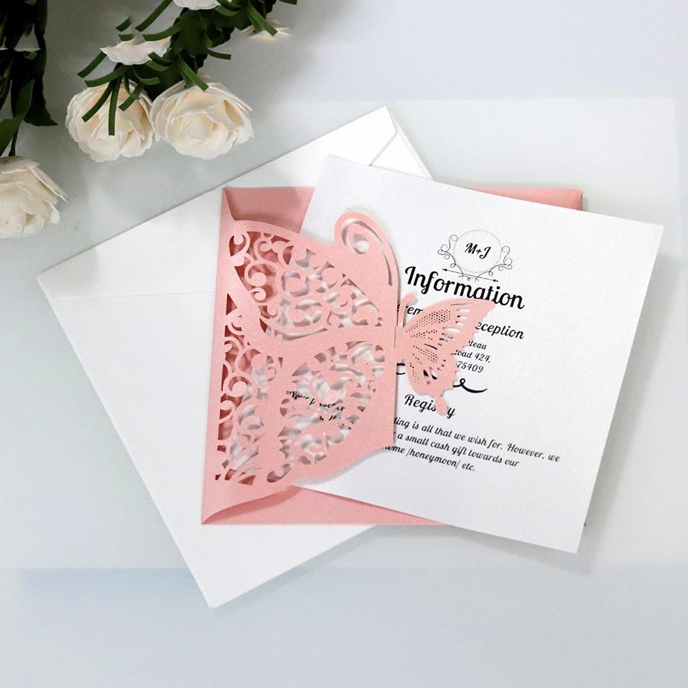  10pcs Laser Cut Hollow Butterfly Wedding Invitations Cards Card Paper And Cover Kit Birthday Shower - 4.0003E+12