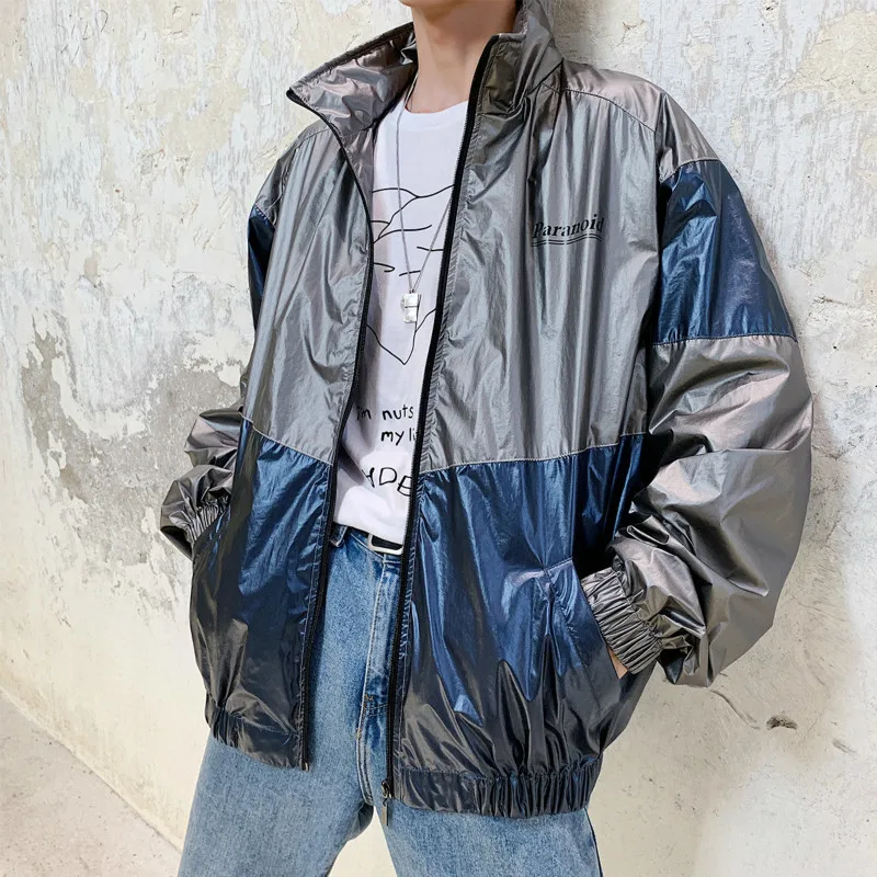

2020 autumn winter new Hong style collar color matching silver fabric reflective jacket tide male couple Thin windbreaker Blue