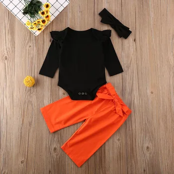 

Pudcoco Newborn Baby Girl Clothes Solid Color Long Sleeve Romper Tops Bowknot Long Pants Headband 3Pcs Outfits Cotton Clothes