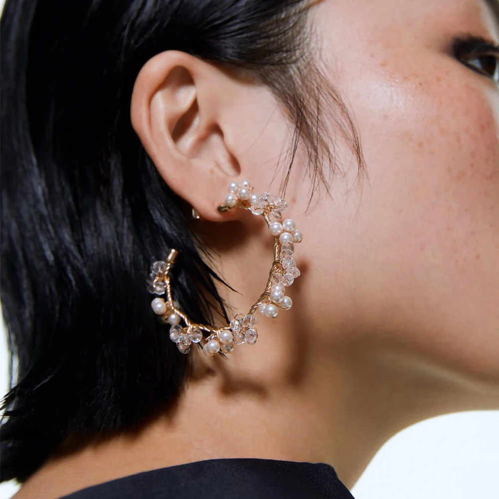 

Yhpup Big Hoop Earrings Crystal Imitation Pearls Copper Earrings Luxury Rhinestone Handmade Jewelry for Women Wedding Party New