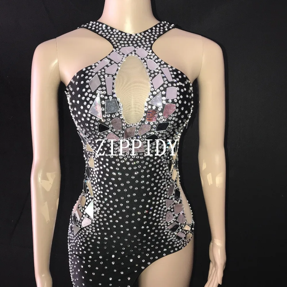 Flashing Silver Mirrors Rhinestones Dress Birthday Celebrate Black Shining Stage Latin DRESS Evening Bar Singer Dancer Show Outfit
