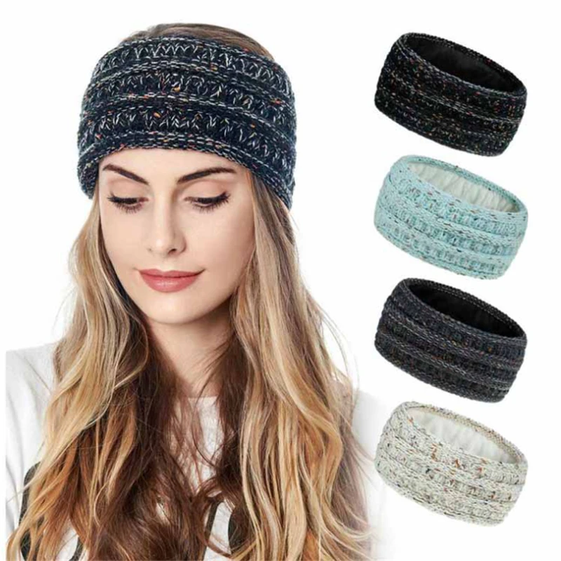 New style wool knitted headband hair accessories European and American fluorescent color pure color plus velvet sports headband autumn and winter padded wool knitted hairband new wide knitted wool headband winter warm head scarf sports headband