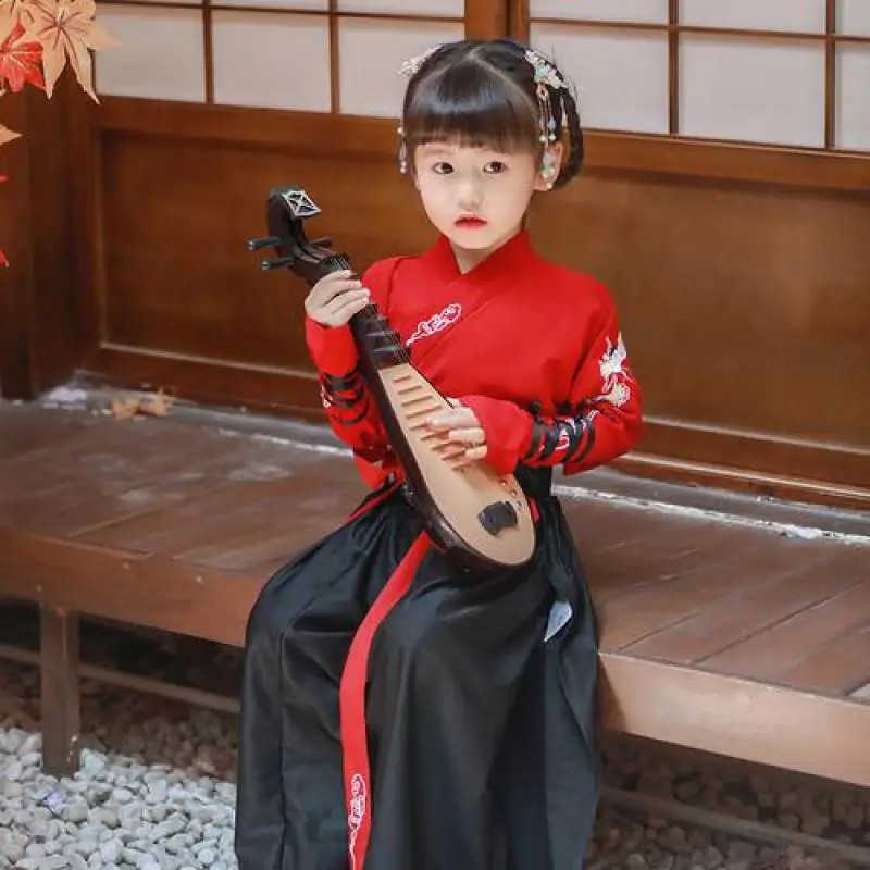 Hanfu/Древний китайский традиционный костюм для девочек; сценический костюм для танцев; комплект из рубашки и юбки; костюм феи в народном стиле; костюм-танга для детей